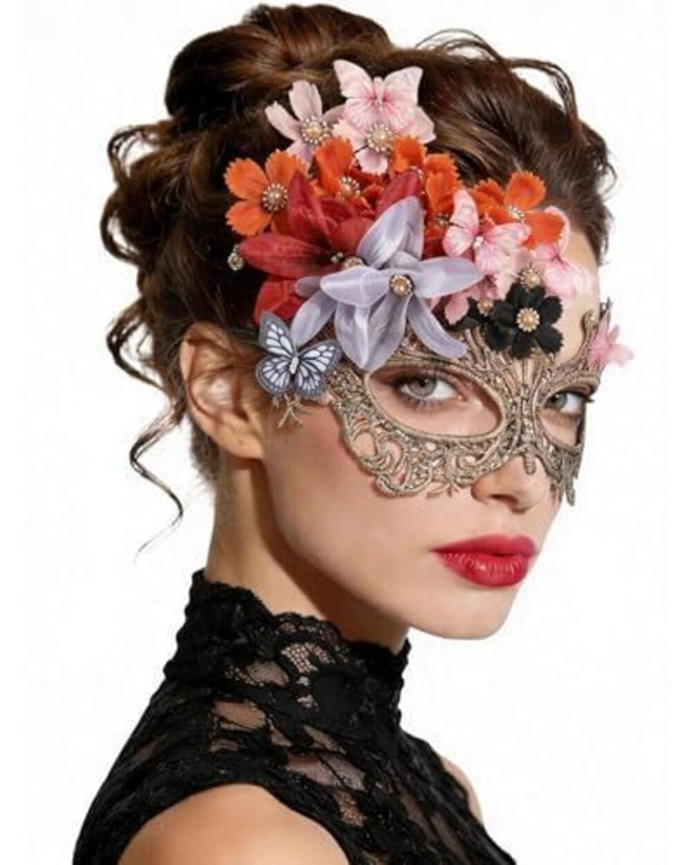 4456 Vintage Flower Masquerade Mask - 1920s 50s Gold Black Butterfly Lace